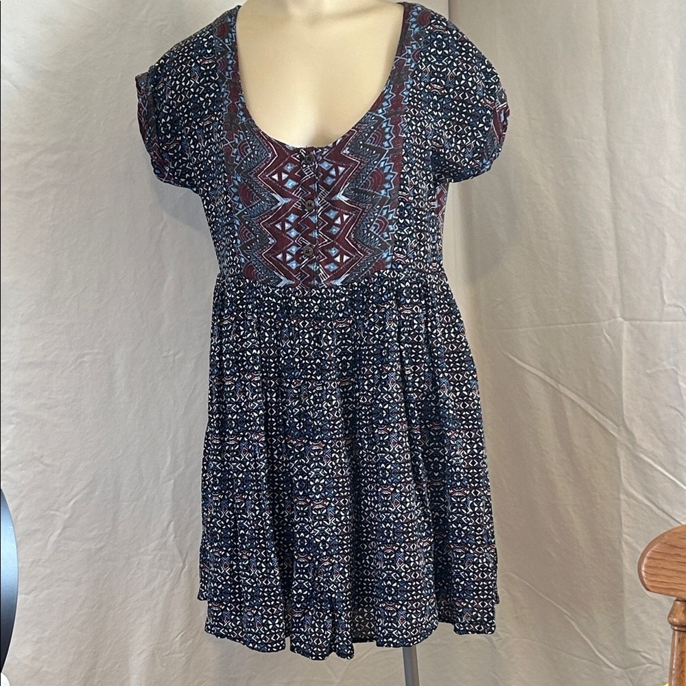 FREE PEOPLE SUNDOWN MINI BURGUNDY/ BLUE T CUTOUT BACK POCKETS BOHO DRESS SZ XS